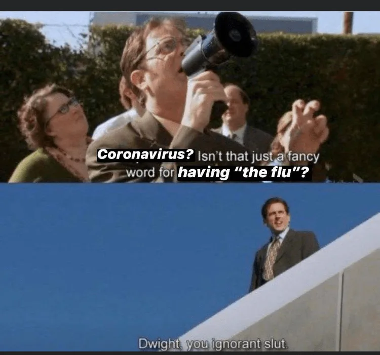 The top panel shows a man in glasses shouting into a megaphone, with text overlaid asking if 'coronavirus' is just a fancy…