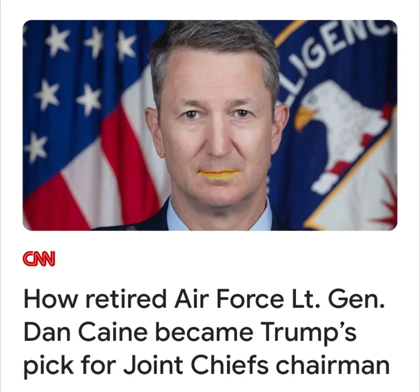 A photo of retired Air Force Lt. Gen. Dan Caine, with a digitally added yellow stripe across his mouth, is overlaid with a…