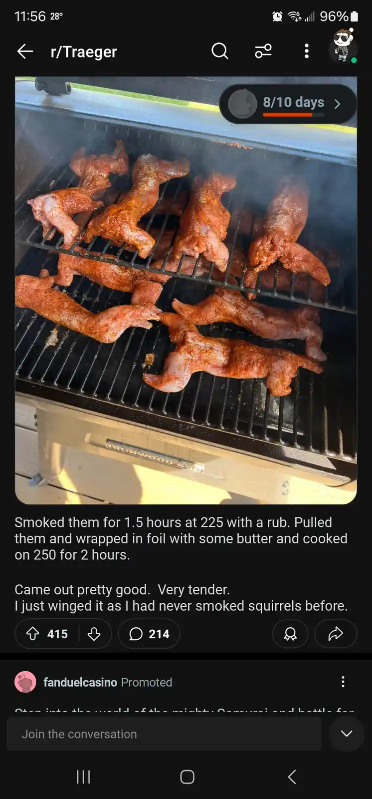 A Traeger grill is shown with numerous squirrel carcasses, seasoned and smoking on the grates. The overlaid text describes…