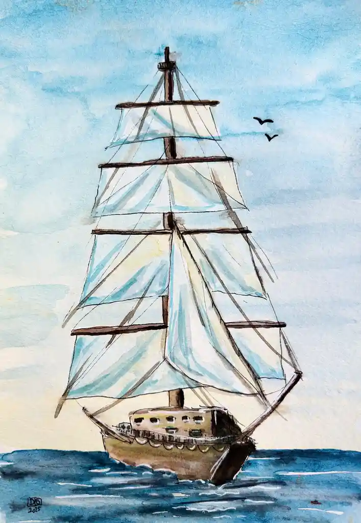 A watercolor painting depicts a tall ship with multiple masts and full sails sailing on blue water under a light blue sky…