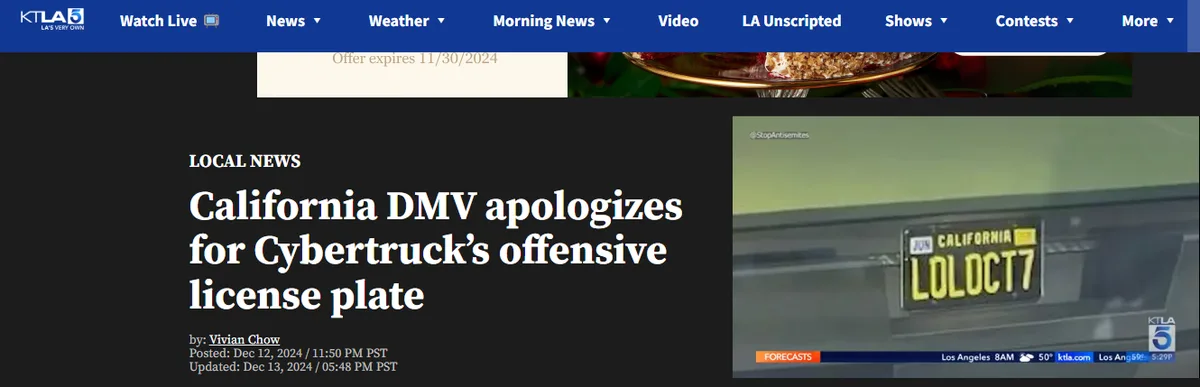 A screenshot of a KTLA 5 news article with the headline 'California DMV apologizes for Cybertruck's offensive license plate'…