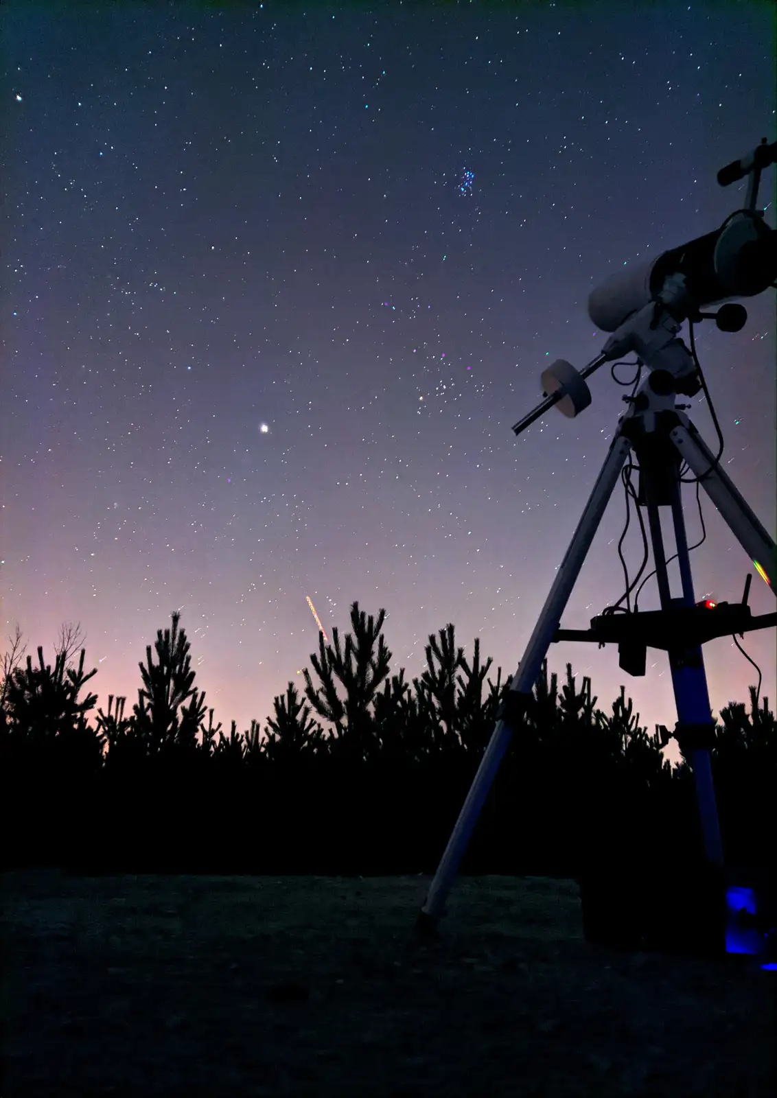 A telescope on a tripod is pointed at a starry night sky, with silhouetted trees in the foreground. The sky shows stars and…