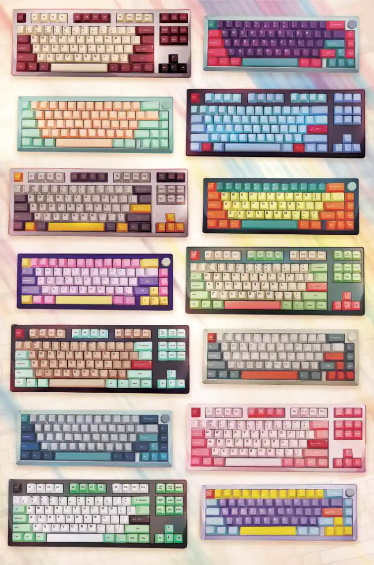 An image displays twelve different mechanical keyboards arranged in a grid, each with unique, colorful keycap layouts and…