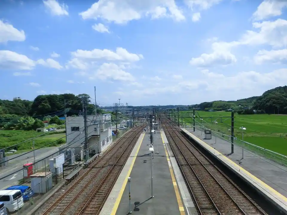 A wide-angle photo of a quiet, rural train station with multiple tracks, platforms, and green fields under a partly cloudy…