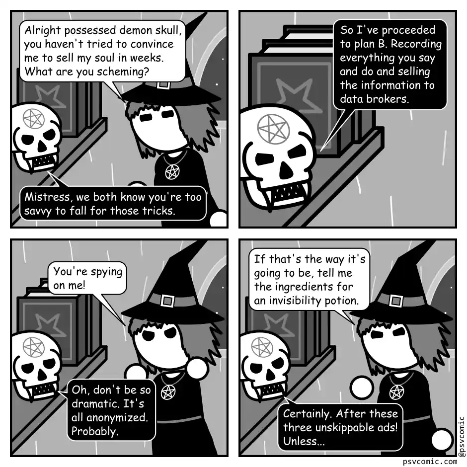 A four-panel comic strip in black and white depicts a witch and a possessed demon skull in a spooky setting. The witch…