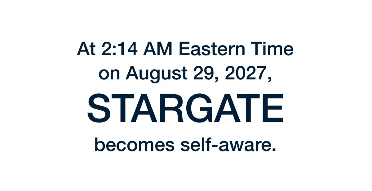 A plain white background with centered dark blue text announcing a fictional event: 'At 2:14 AM Eastern Time on August 29…