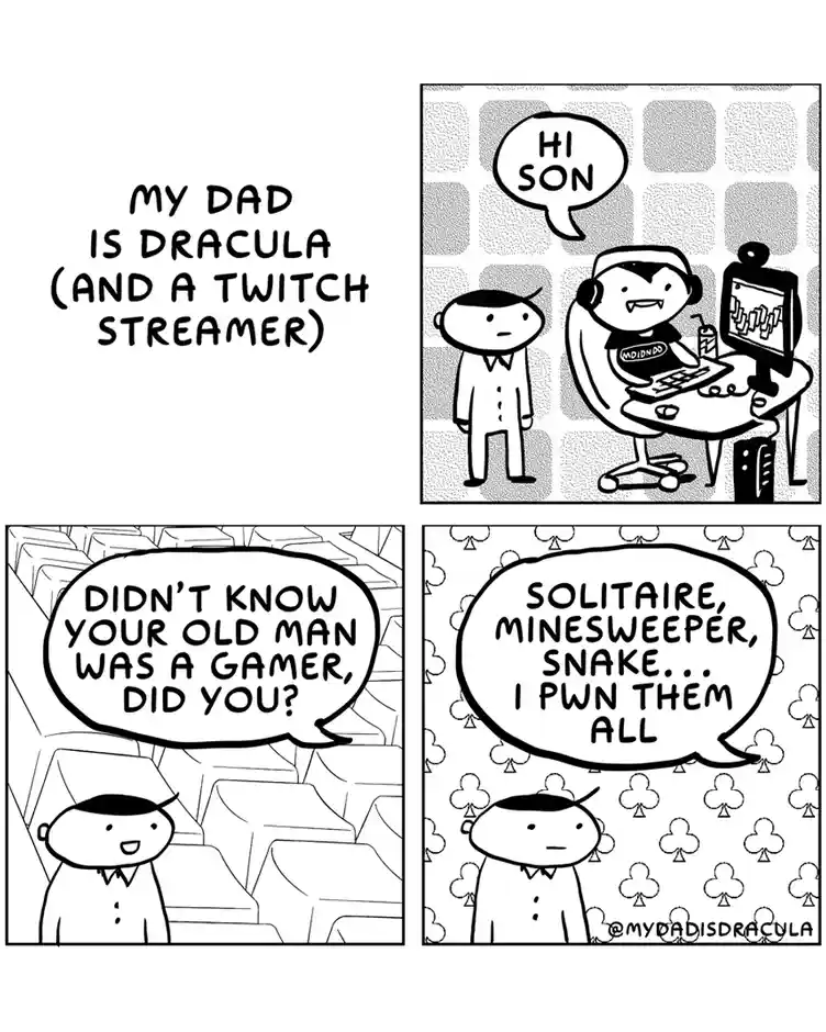 A four-panel comic strip titled 'MY DAD IS DRACULA (AND A TWITCH STREAMER)' shows a son visiting his dad, who is a Twitch…