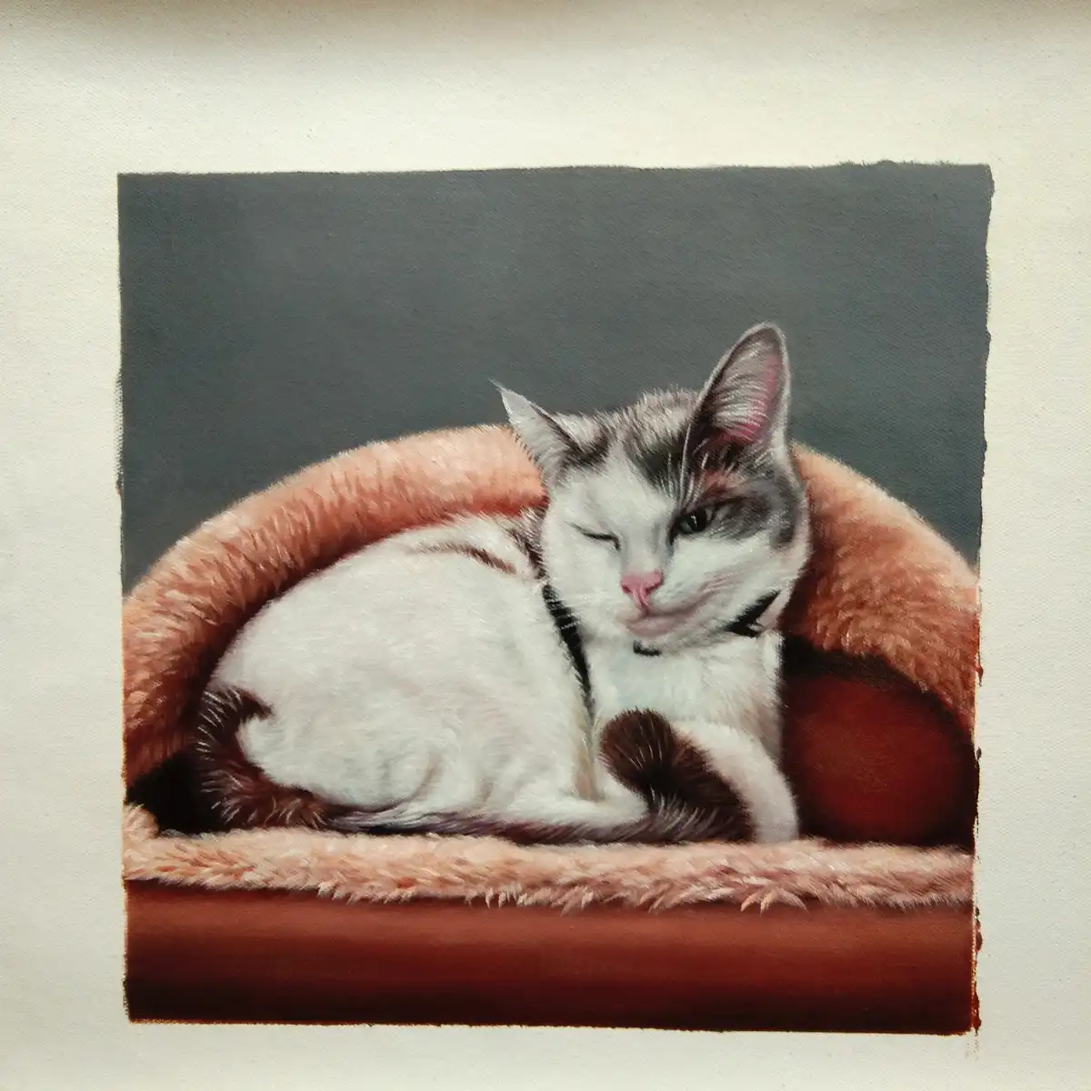 A realistic painting of a white and gray cat curled up in a fluffy, reddish-brown pet bed, one eye closed and one eye open…