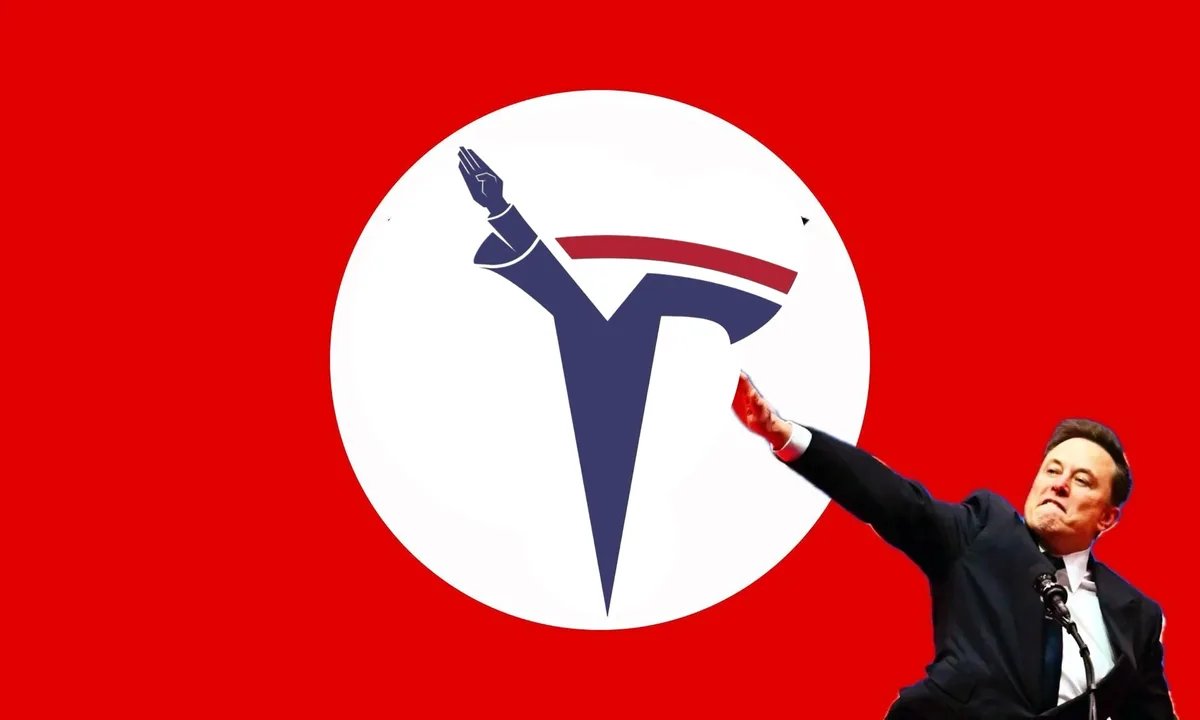 A man in a suit with his arm raised is positioned next to a large white circle containing a stylized blue and red logo…