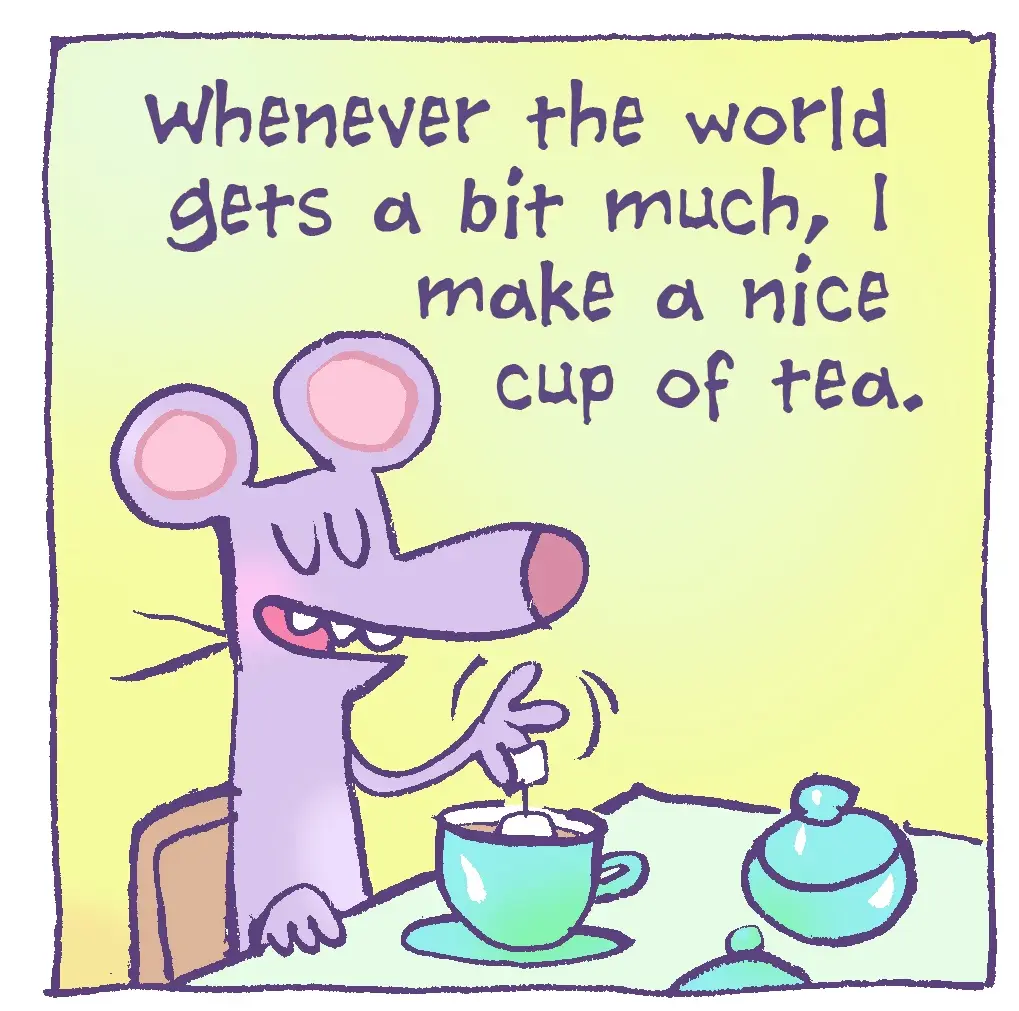 A cartoon mouse with pink ears and a long snout sits at a table, adding sugar to a cup of tea with a teapot nearby. The text…