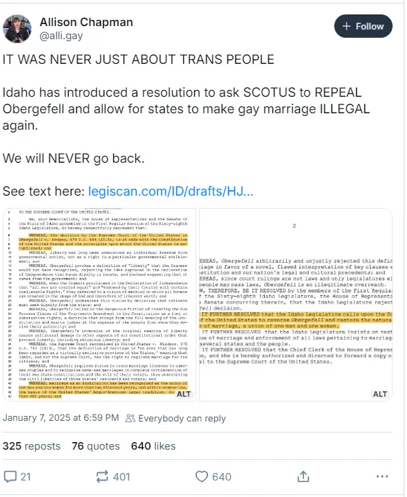 A screenshot of a social media post by user @alli.gay, featuring a text overlay that reads 'IT WAS NEVER JUST ABOUT TRANS…