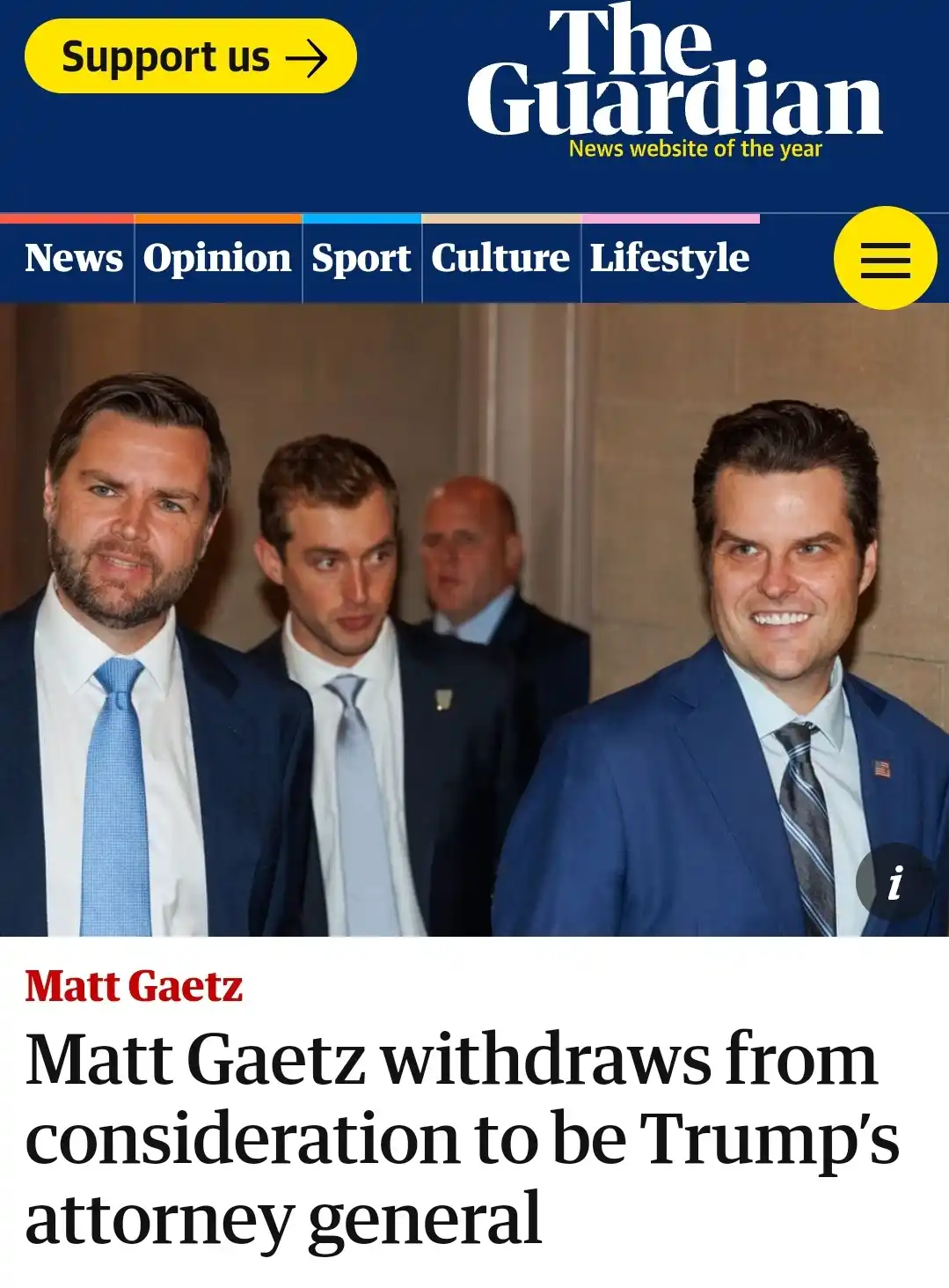 The image shows a screenshot of The Guardian's news website featuring a headline about Matt Gaetz withdrawing from…