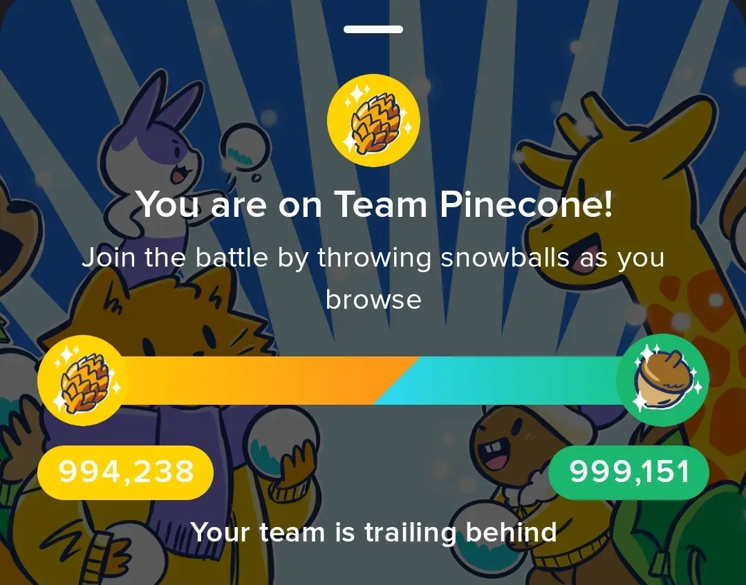 A screenshot from a mobile game interface showing a team battle between 'Team Pinecone' and 'Team Acorn'. The pinecone team…