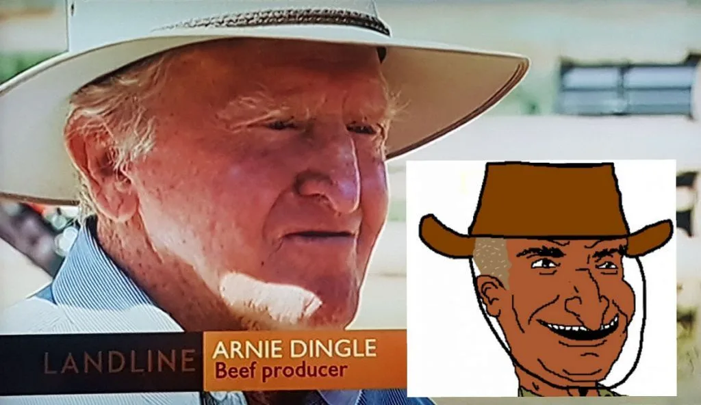 A photo of a real man named Arnie Dingle, identified as a beef producer on a 'Landline' broadcast, is juxtaposed with a…