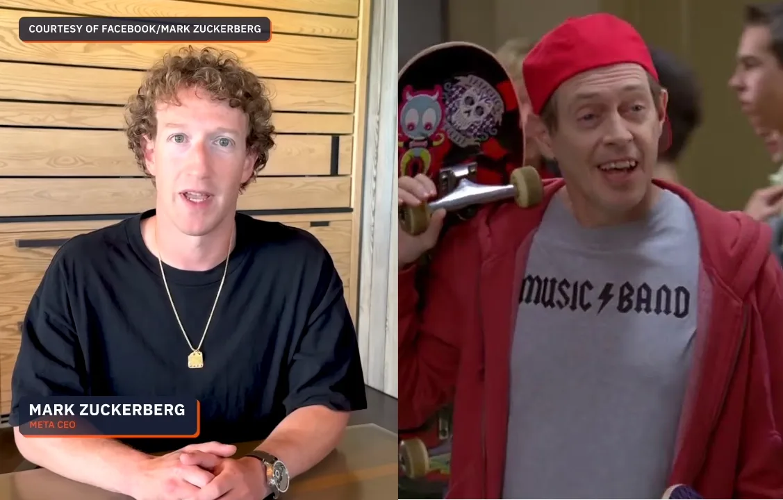 The image is a split-screen meme. On the left, Mark Zuckerberg, identified as Meta CEO, is shown speaking in a video…