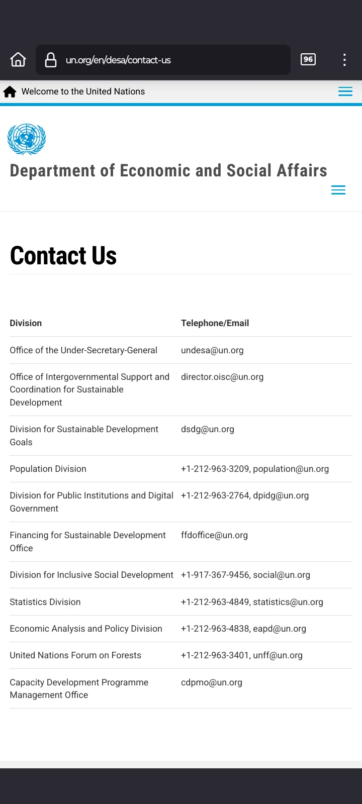 A screenshot of the United Nations Department of Economic and Social Affairs contact page, listing various divisions with…