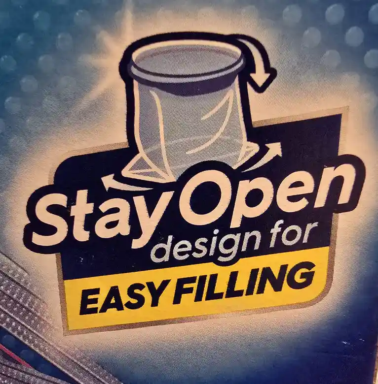 The image shows a product label with a graphic of a cylindrical container with arrows indicating it stays open. The text…