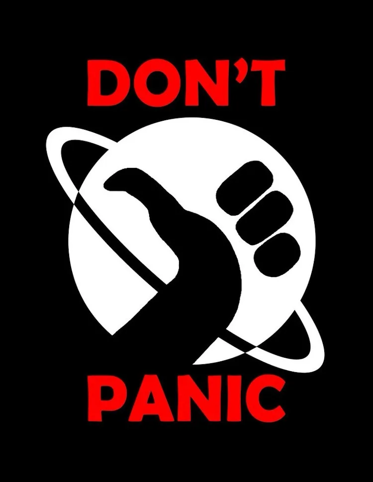 A black background features the words 'DON'T' and 'PANIC' in bold red text, flanking a white graphic of a hand giving a…