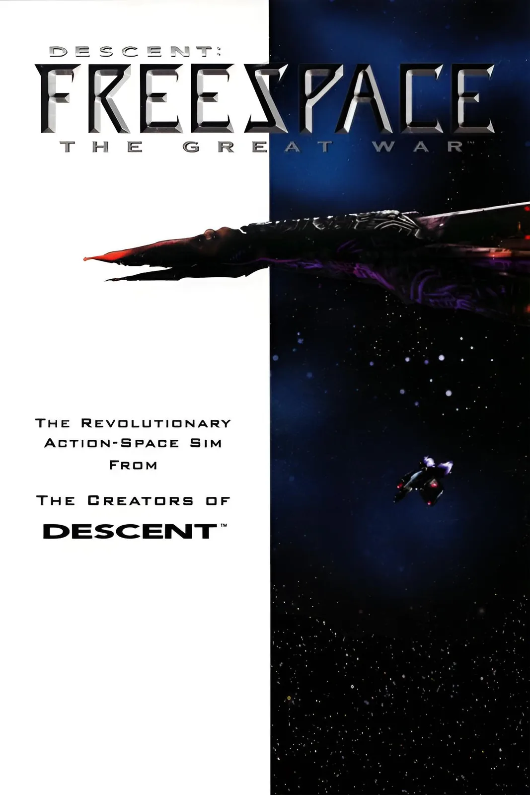 The image is a promotional poster for the video game 'Descent: Freespace The Great War,' split vertically. The left side is…