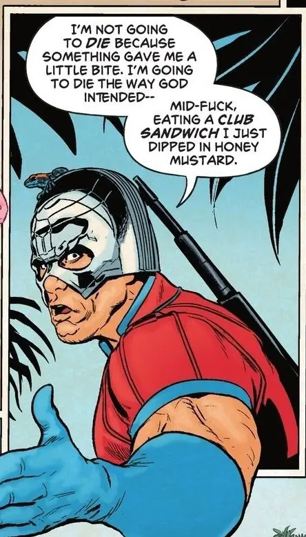 A comic book panel shows a masked, muscular man in a red and blue costume with a helmet, looking determined. He has a speech…