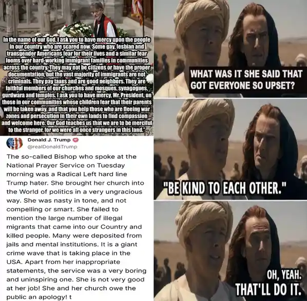 The image is a three-panel meme. The left panel shows a screenshot of a tweet from Donald J. Trump criticizing a bishop's…