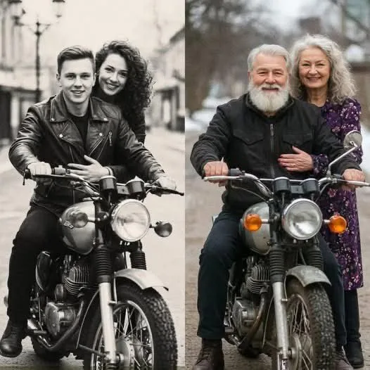 A side-by-side comparison of two couples on motorcycles: the left panel shows a young man and woman smiling while riding…