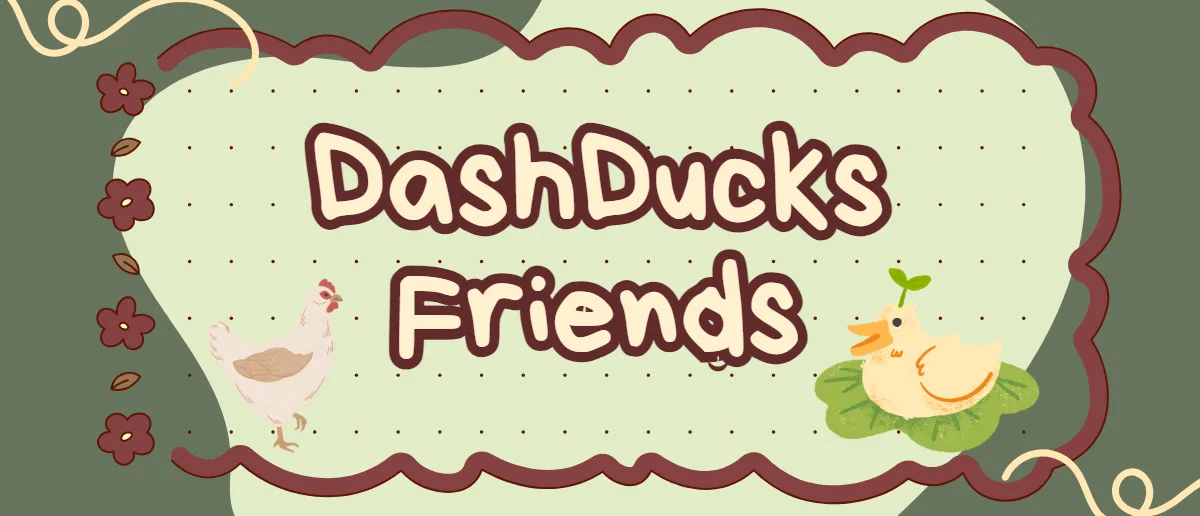 A cartoon-style banner with a light green background and a brown scalloped border, featuring a white chicken on the left and…