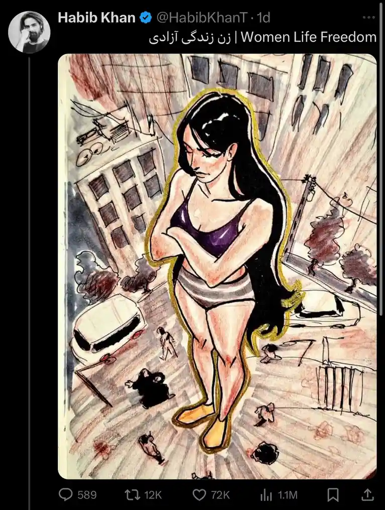 A hand-drawn illustration shows a woman in a purple top and striped shorts standing confidently with arms crossed in an…