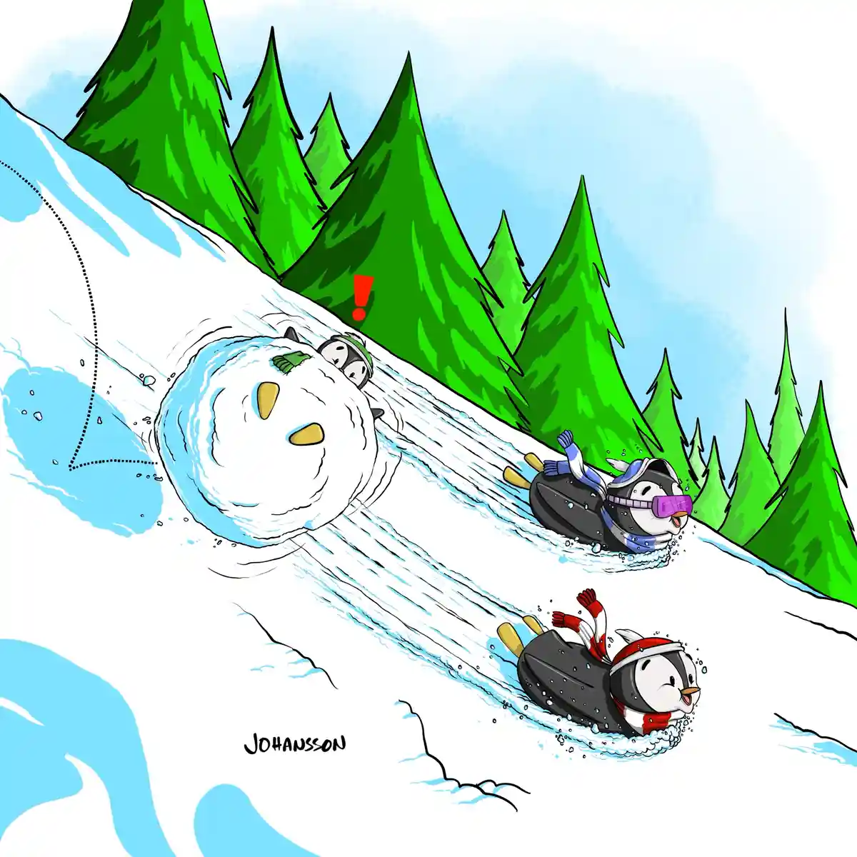 A cartoon snowball with a face and carrot nose rolls down a snowy hill, about to collide with a penguin in a tube who is…
