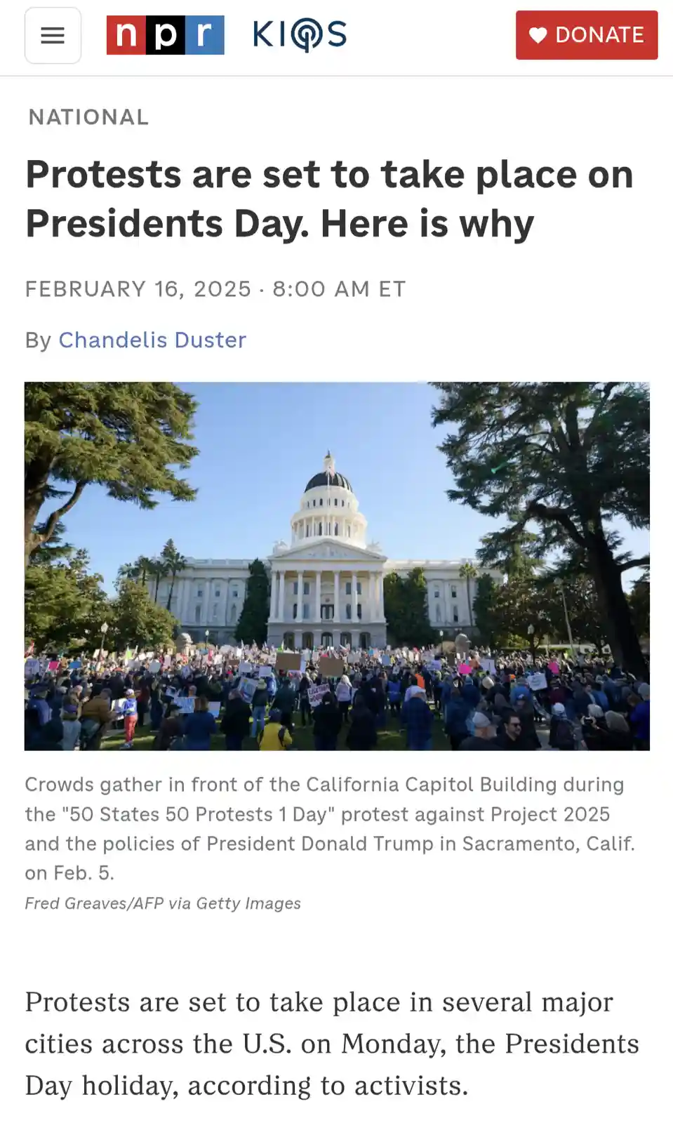 A screenshot of an NPR news article dated February 16, 2025, shows a large crowd of protesters gathered in front of the…