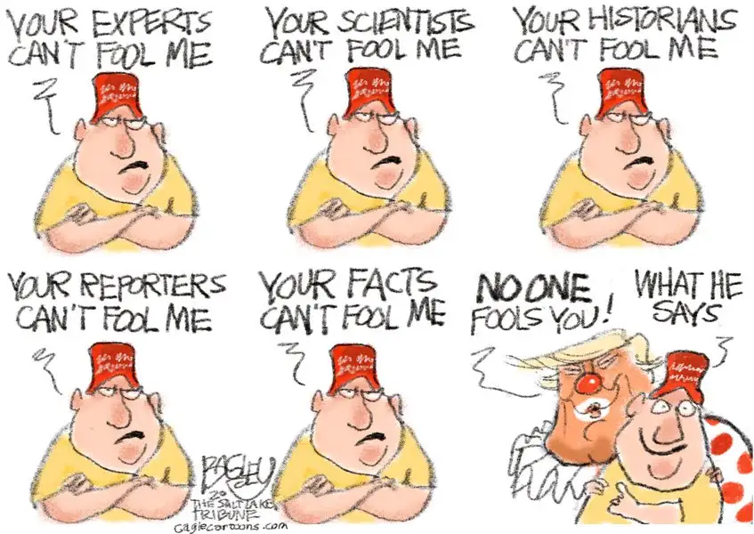A six-panel comic strip shows a man in a yellow shirt and red cap confidently declaring his immunity to being fooled by…