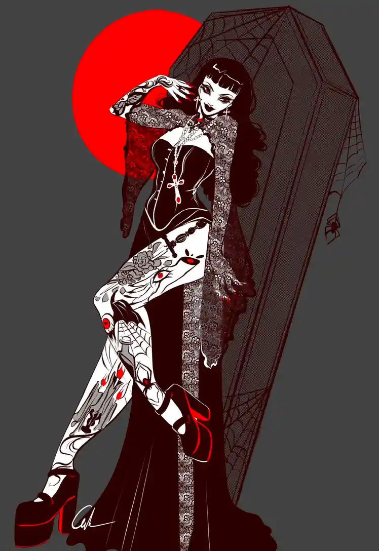 A stylized illustration of a gothic woman with tattoos, lace clothing, and red platform heels, posing confidently next to a…