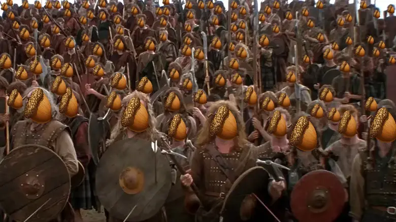 a large crowd of vikings in armor and holding shields and spears, with many of their faces replaced by acorns. the overlaid…