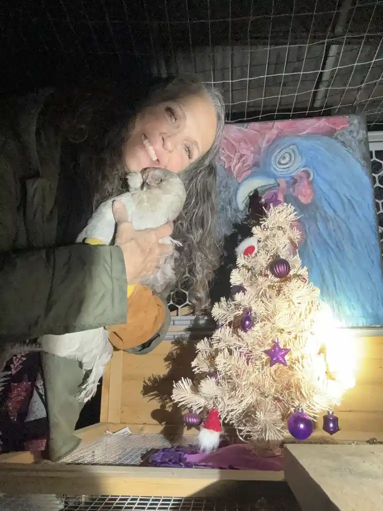 A woman with long gray hair smiles while holding a white chicken in a wire enclosure. Behind her is a small, decorated white…