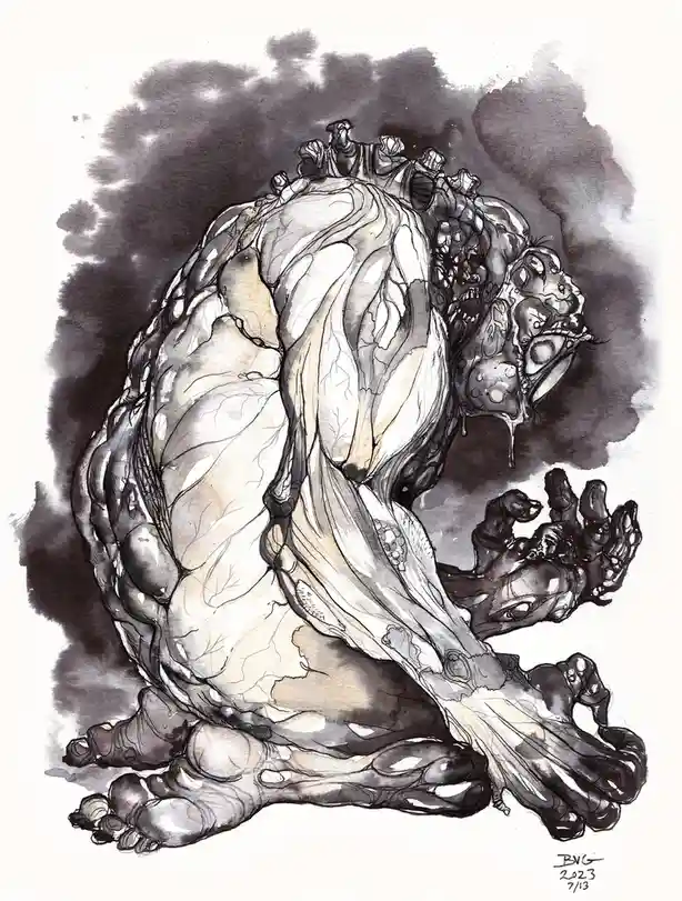 A black-and-white ink drawing depicts a grotesque, hunched, multi-limbed creature with a distorted, melting face and exposed…