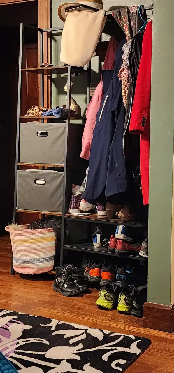 A cluttered closet with clothes hanging haphazardly, shoes scattered on shelves and the floor, storage bins overflowing, and…