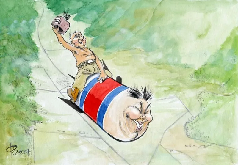 a cartoon depicts a man riding a large, red-and-blue striped bomb down a winding path through green hills, holding a small…