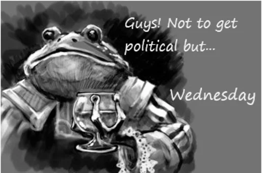A black-and-white sketch of a frog wearing a suit and holding a wine glass, with text overlaid that reads 'Guys! Not to get…
