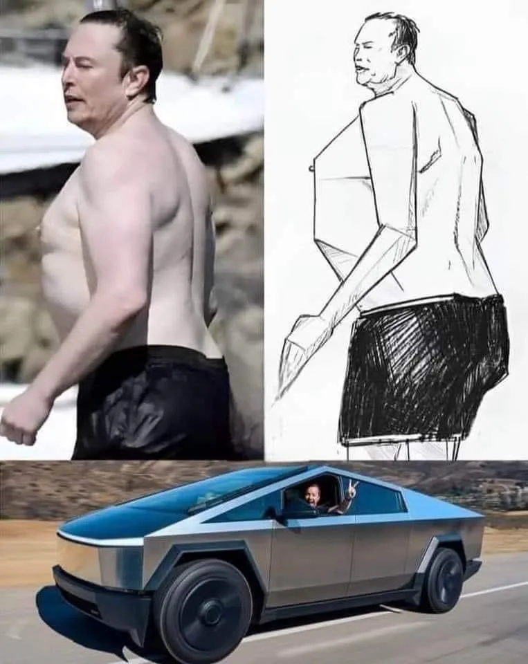 The image is a three-panel meme: top left shows Elon Musk shirtless, top right is a crude sketch of him, and bottom shows…