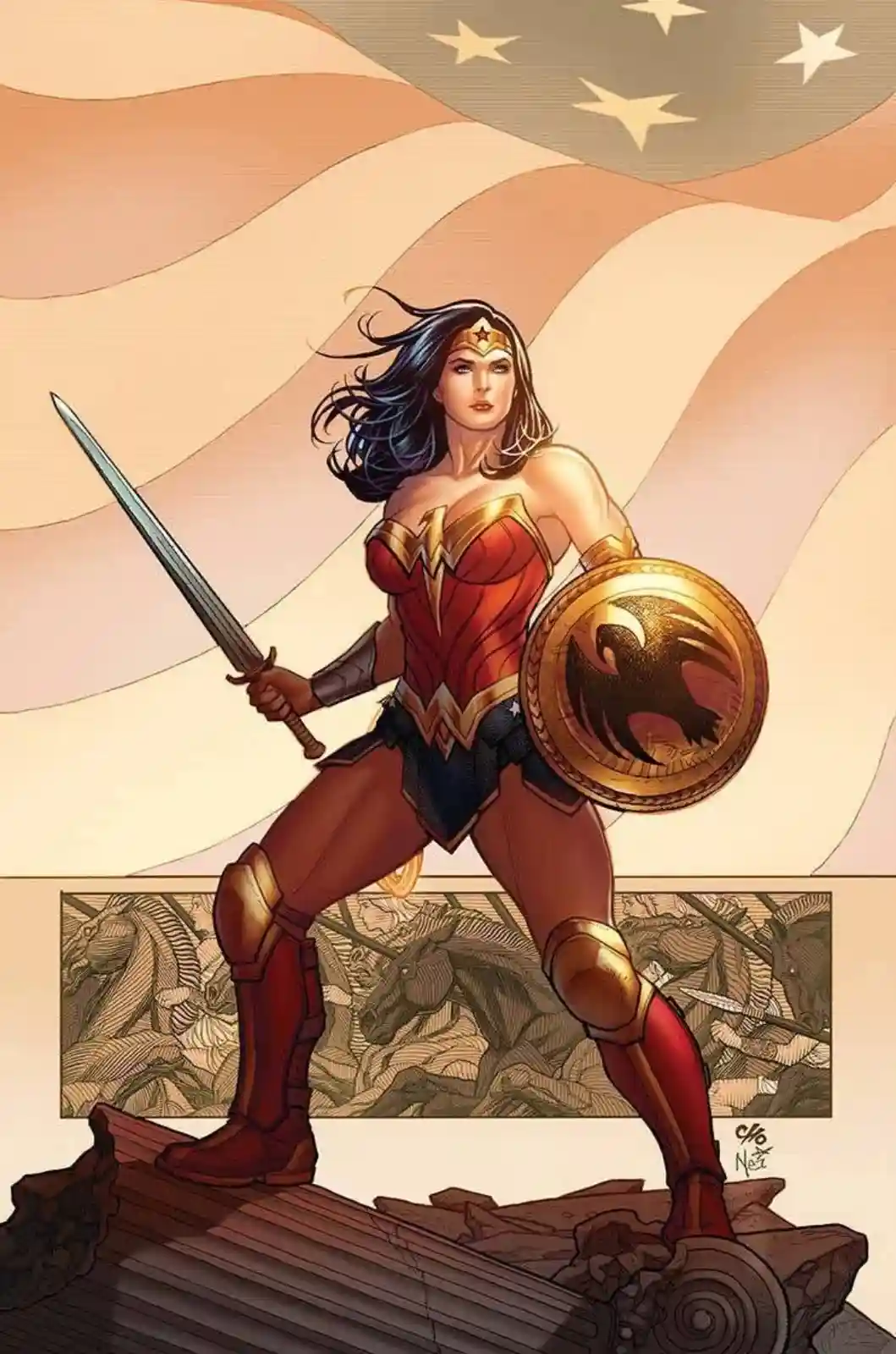 A comic book illustration of Wonder Woman standing heroically on a broken column, holding a sword in one hand and a golden…