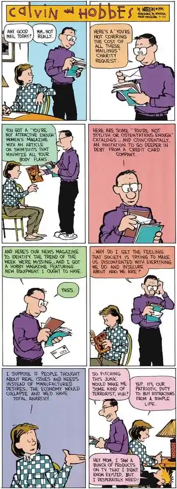 A Calvin and Hobbes comic strip where Calvin's dad, while sorting mail, expresses growing frustration at receiving catalogs…