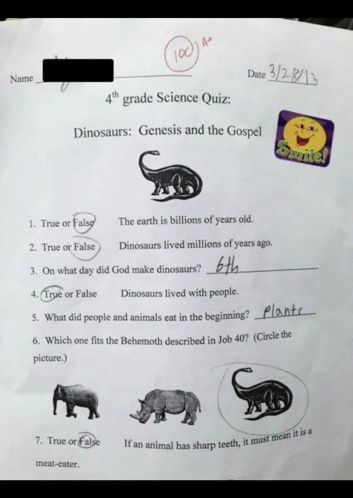 A 4th-grade science quiz titled 'Dinosaurs: Genesis and the Gospel' shows a student's answers, including circling 'False'…