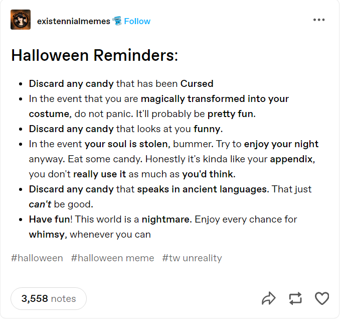 A screenshot of a Tumblr post titled 'Halloween Reminders' listing humorous, absurd safety tips for trick-or-treating, such…
