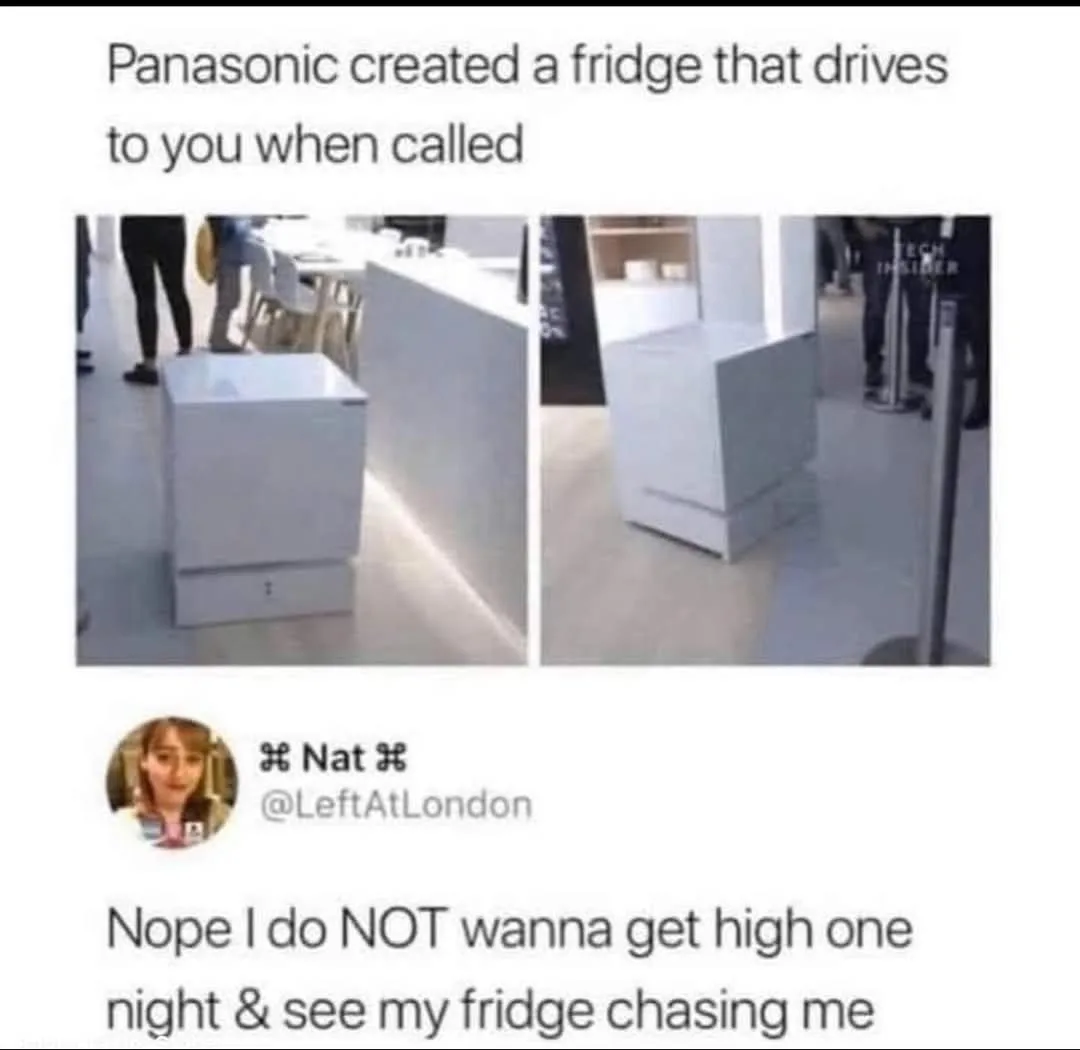 The image shows two side-by-side photos of a white, boxy, wheeled appliance resembling a fridge, first stationary then…