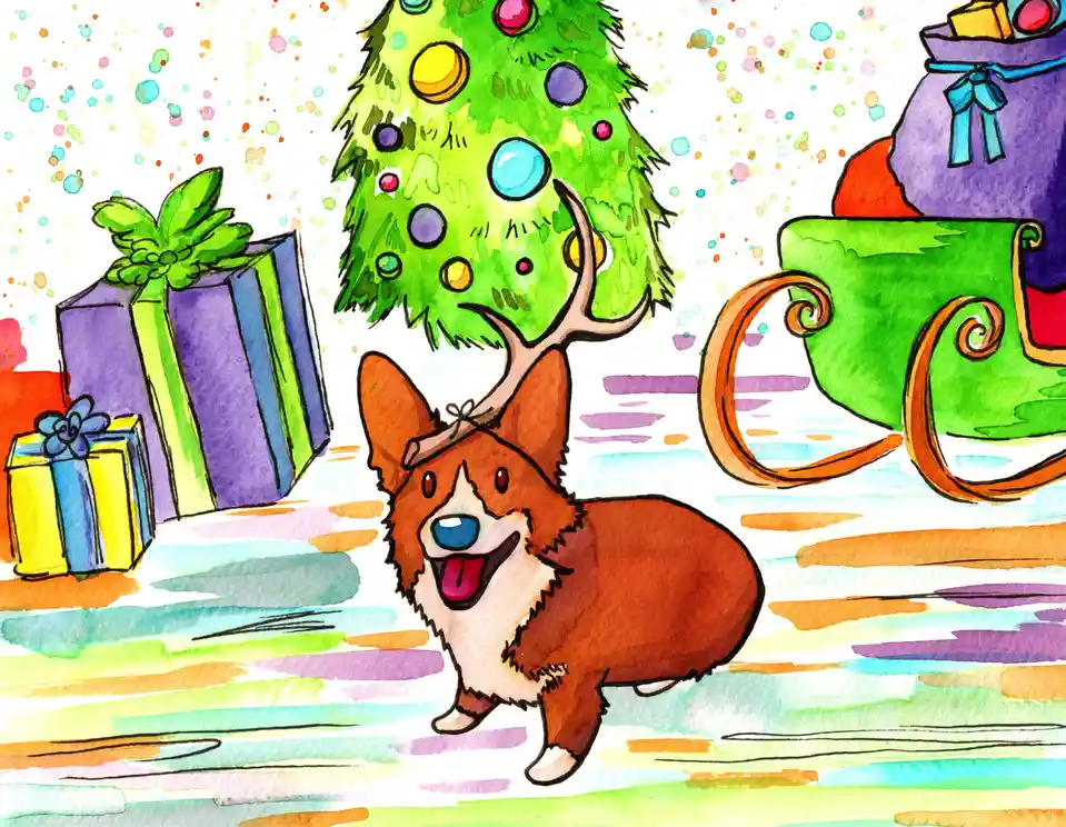 A watercolor illustration shows a happy brown and white corgi with cartoon antlers standing in front of a decorated…