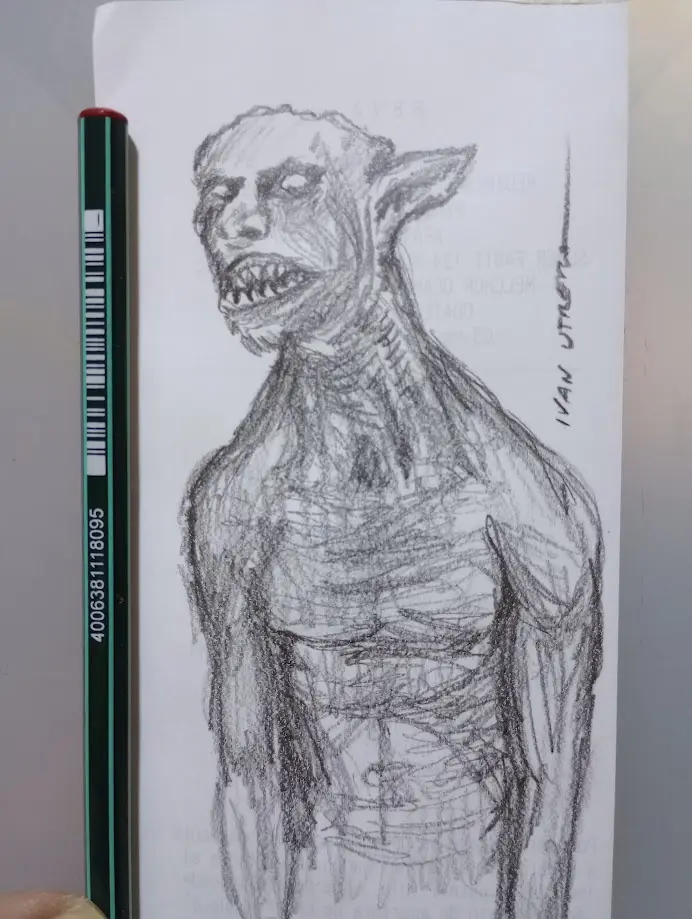 A pencil sketch of a grotesque, monstrous humanoid creature with sharp teeth, pointed ears, and a muscular, textured body…