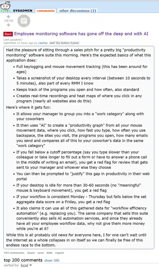 A Reddit post screenshot from the 'sysadmin' subreddit, showing a user's rant about a productivity monitoring software that…