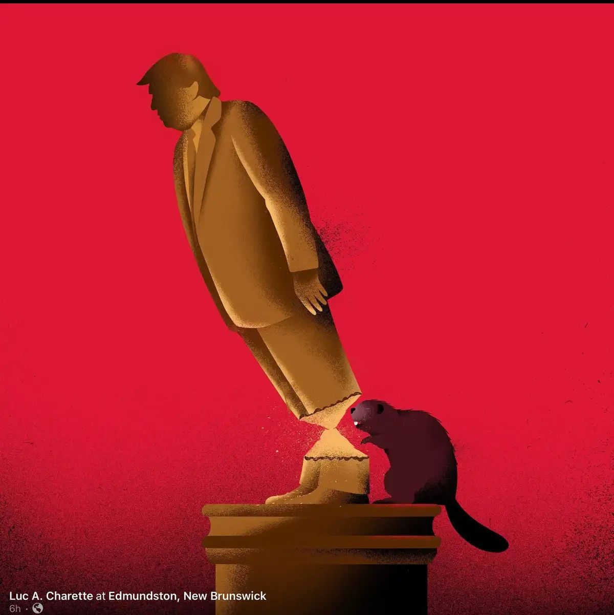 A stylized illustration shows a golden statue of a man in a suit, viewed from the side, standing on a pedestal against a…
