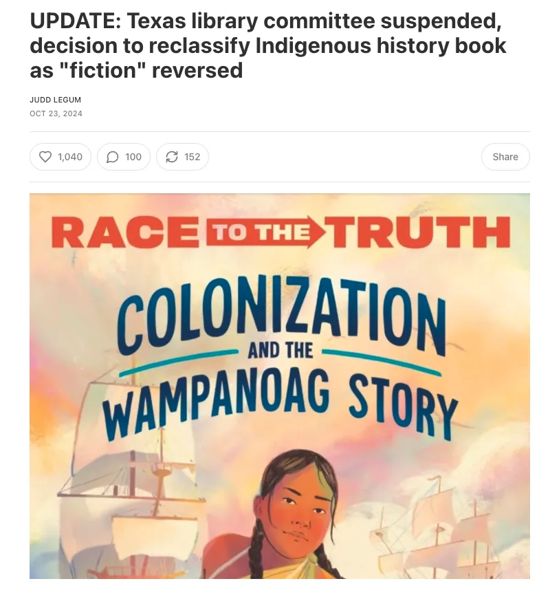 A screenshot of a news article headline about a Texas library committee reversing its decision to reclassify an Indigenous…