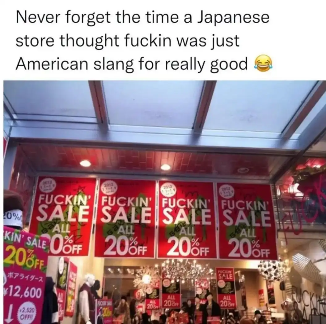 A storefront in Japan is covered in red sale signs with the word 'FUCKIN' in large white letters, followed by 'SALE ALL 20%…